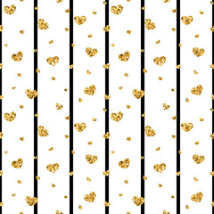 Gold heart seamless pattern. Black-white geometric stripes, golden confetti-hearts. Symbol of love, Valentine day holiday. Design wallpaper, background, fabric texture. Vector illustration