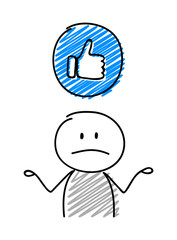 Stickman with confused facial expression holiding thumb (social media) icon. Vector.