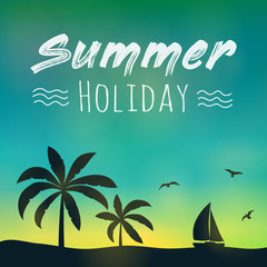 Paradise summer under palm trees. Shiny poster with text. Vector.