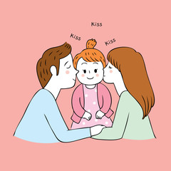 Cartoon cute parents kiss baby vector.