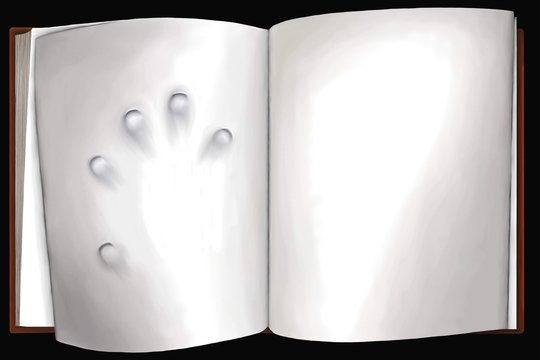 Un livre est ouvert sur une page blanche et une page de laquelle émerge l'emprunte de cinq doigts