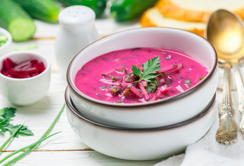 Holodnik - traditional Lithuanian vegetable Cold fresh  summer soup made of beetroot (beet), cucumber, dill, parsley, green onion, eggs and sour cream (kefir).  borsch
