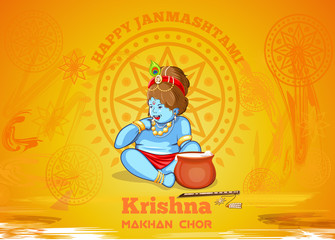 Krishna Janmashtami greeting card with little Krishna. Krishna Makhan Chor - butter thief. Happy Janmashtami. Hindu festival. Vector illustration