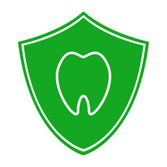 Tooth on green shield. Oral care symbol. Vector icon.