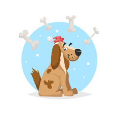 Happy funny dog wearing Santa's hat with lot of bones. Chinese 2018 new year symbol. Best for seasonal party posters and banners. Cartoon vector illustration.