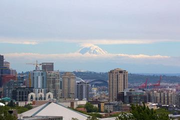 Seattle Skyline with Mt Rainier in Clouds in Washington state