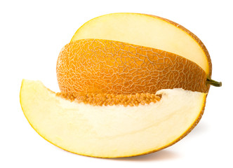 Ripe melon and cut piece close-up, on a white background.