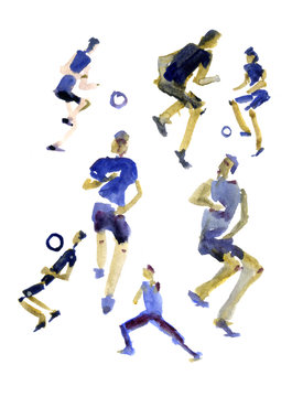 Abstract soccer players in blue shirts painted in watercolor on white isolated background