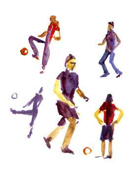 Soccer players with the ball, football players in the form of different colors painted in watercolor on a white background for football design.