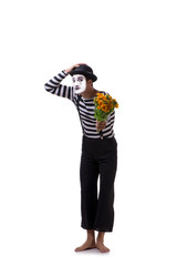 Mime with bunch of flowers isolated on white