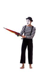 Mime with umbrella isolated on white background