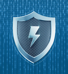 System Under Protection. Metallic shield pictured in techno style on digital background formed from binary code. 3D rendering graphic composition on the subject of 'Cybersecurity'.