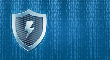 System Under Protection. Metallic shield pictured in techno style on digital background formed from binary code. 3D rendering graphic composition on the subject of 'Cybersecurity'.