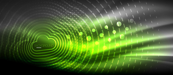 Obraz premium Neon glowing wave, magic energy and light motion background. Wallpaper template, hi-tech future concept