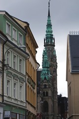 Fototapeta na wymiar View of streets and the neo-Gothic Town Hall of Liberec, Czech Republic.