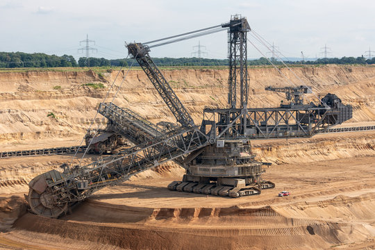 Brown coal open pit landscape with enormous digging excavator in Hambach mine Germany, This machine is the biggest vehicle in the world