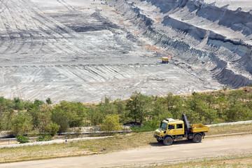 Aerial view at open pit mine Hambach with brown coal digging in Germany
