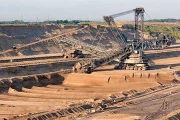 Brown coal open pit landscape with enormous digging excavator in Hambach mine Germany, This machine is the biggest vehicle in the world