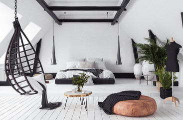 Modern open-plan apartment in attic, loft style, 3d render - obrazy, fototapety, plakaty