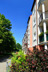 Wielorodzinne domy mieszkalne wśród drzew w słoneczny dzień. © W Korczewski