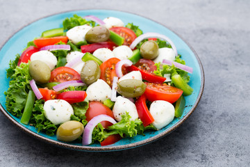 Vegetable salad with cheese mozzarella, tomatoes, basilikum and spice.
