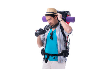 Fototapeta na wymiar Backpacker with camera isolated on white background