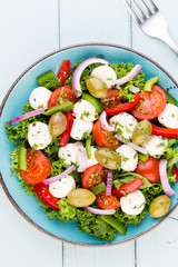 Vegetable salad with cheese mozzarella, tomatoes, basilikum and spice.