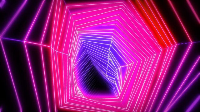 Neon low poly grid tunnel animation. Seamless retro futuristic background.