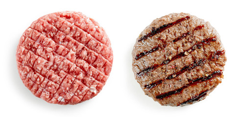 raw and grilled burger meat - obrazy, fototapety, plakaty