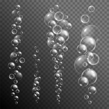 Underwater fizzing air bubbles stream on transparent background. Fizzy sparkles in water, sea, aquarium. Effervescent drink. Undersea vector texture. © valadzionakvolha