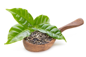 Green tea leaf the spoon isolated on white background.