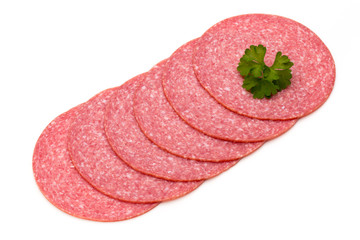 Salami slices isolated on the white background.