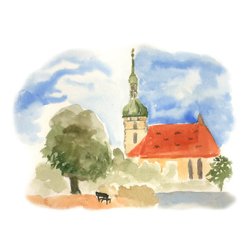 Czech small church watercolor illustration. Architectural poster hand drawing background. For postcard book sketch
