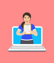 Online fitness trainer concept. Vector flat illustration. Young asian woman gym instructor holds a clipboard with training program. Weight loss plan using computer. Healthy lifestyle support by web