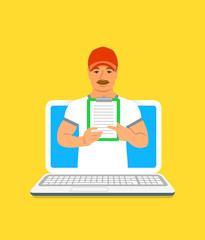 Sport trainer online concept. Vector flat illustration. Mature man gym instructor holds a clipboard with training program. Weight loss fitness plan using computer. Healthy lifestyle support by web