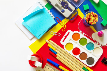 Office supplies and stationery isolate on a white background. Top view flat lay background, copy space.
