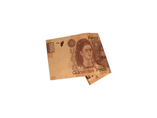 Fototapeta premium One single folded mexican peso 500 bill isolated on white background
