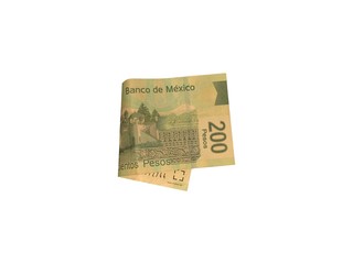 One single folded mexican peso 200 bill isolated on white background