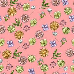 Bright backdrop with hand drawn flowers and leaves. Various buds. Floral vector seamless pattern.