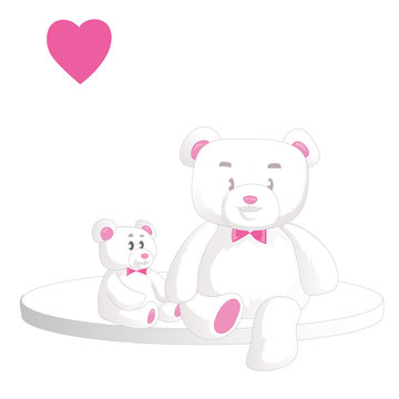 Two cute white teddy bears with heart isolated on white background. Vector illustration.
