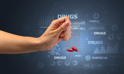 Naked hand gives chemicals in vacuum plastic bag with scholarly concept