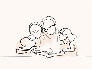 Continuous one line drawing. Grandmother reading book with her grandchildren. Vector illustration