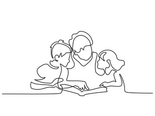 Continuous one line drawing. Grandmother reading book with her grandchildren. Vector illustration