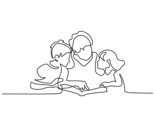 Kontinuierliche einzeilige Zeichnung. Großmutterlesebuch mit ihren Enkelkindern. Vektor-Illustration © Valenty