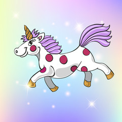 Cute magical unicorn. Vector design isolated on holographic background. Romantic hand drawing illustration for children.