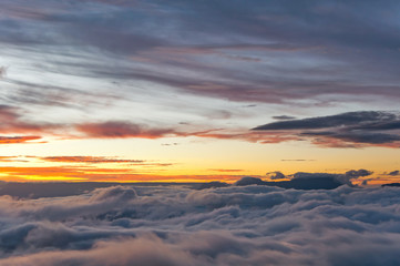 Canaima National Park, covered in beautiful clouds at sunrise. Taken from the Auyantepui, Venezuela