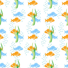 Hand drawn vector seamless pattern with sea animals. Contour, line art style drawing. Could be used as background, wrapping paper, wallpaper and textile ornament.