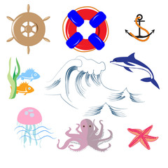 Fototapeta premium Doodle set of sea objects, wave, octopus, steering wheel, lifeline, fish and Dolphin, starfish, for children's posters, ads, vector illustration maps