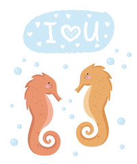 Vector set of cute poster with funny sea animal and text. Postcard with adorable sea horse on background, pastel colors