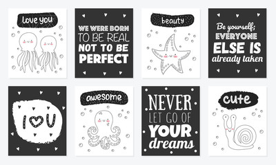 Vector set of cute postcards with funny sea animals. Poster with adorable marine objects on background